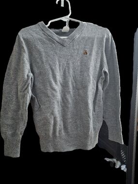 GAP Gray V-Neck Sweater with Small Embroidered Bear